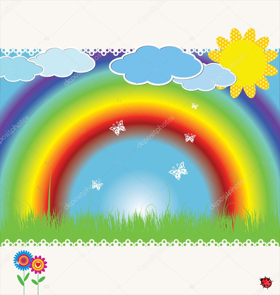Spring background with rainbow - vector illustration