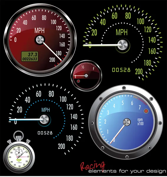 ベクトル速度計とマイルとキロのカウンターのセット — ストックベクタ
