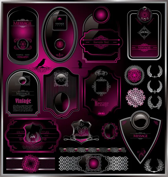 Ensemble vectoriel : étiquettes noires et roses et couronnes de laurier — Image vectorielle