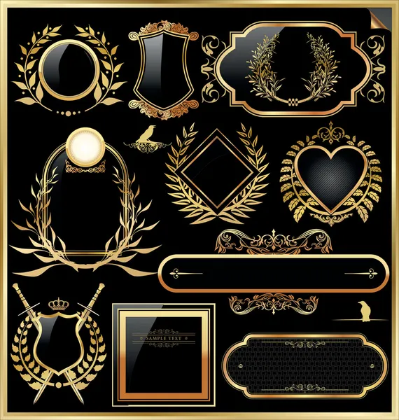 Conjunto de vectores de oro negro - etiquetas enmarcadas — Archivo Imágenes Vectoriales
