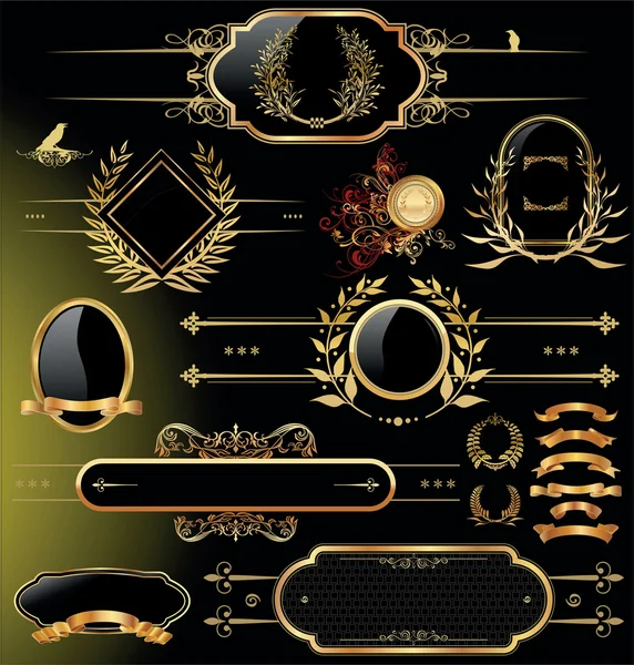 Ensemble vectoriel d'or noir - étiquettes encadrées — Image vectorielle