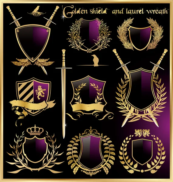 Conjunto de grinalda dourada escudo e louro —  Vetores de Stock