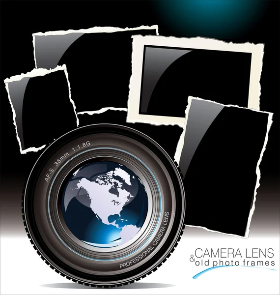 Objectif de l'appareil photo avec vieux cadres photo — Image vectorielle