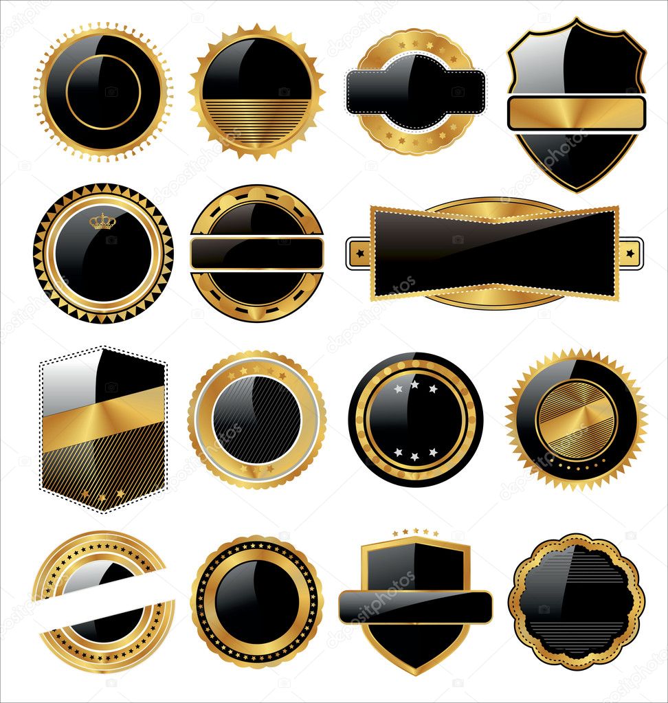 Vector set of black gold labels with place for text.
