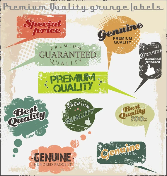 Premium kvalita a spokojenost zaručena grunge popisky — Stockový vektor
