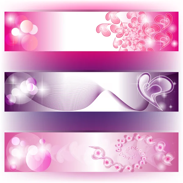 Набір з трьох фіолетових банерів з сердечками — стоковий вектор