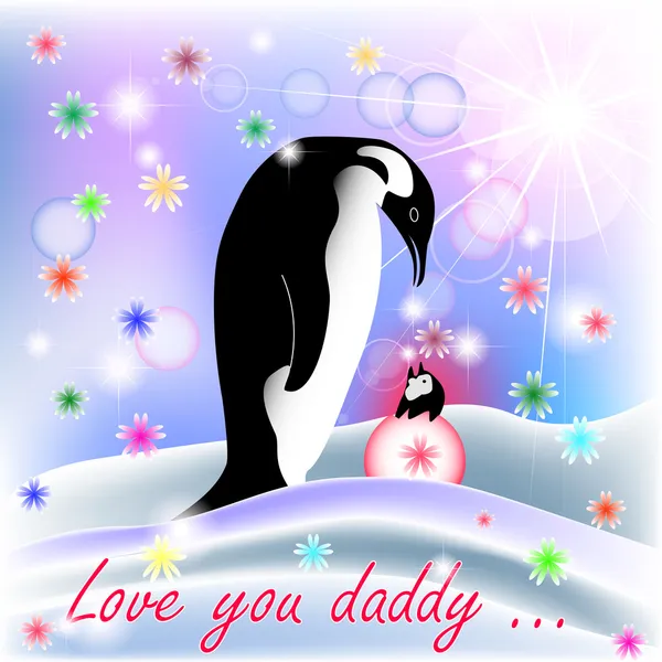 Papá y bebé pingüino con fondo polar — Archivo Imágenes Vectoriales