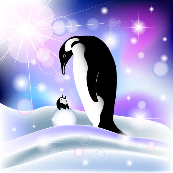 Padres y pingüinos bebés en un fondo nevado — Vector de stock