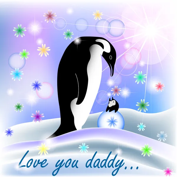 爸爸和宝宝男孩企鹅与极地背景 — 图库矢量图片