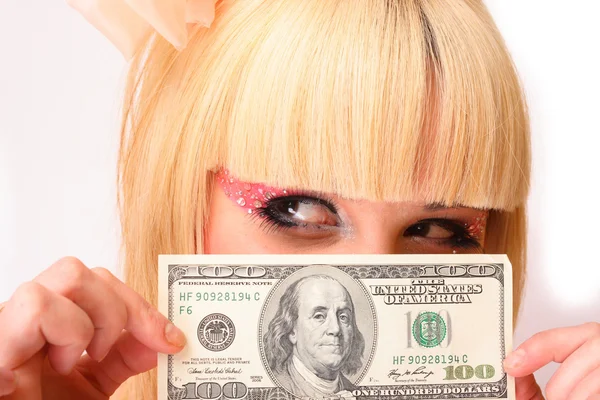 Blond girl with dollar bill — Stock Photo, Image