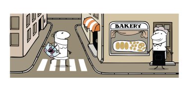 Vector illustration of street wiht bakery, baker and woman clipart