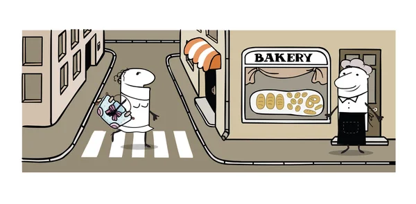 Vectorillustratie van straat met bakkerij, baker en vrouw — Stockvector