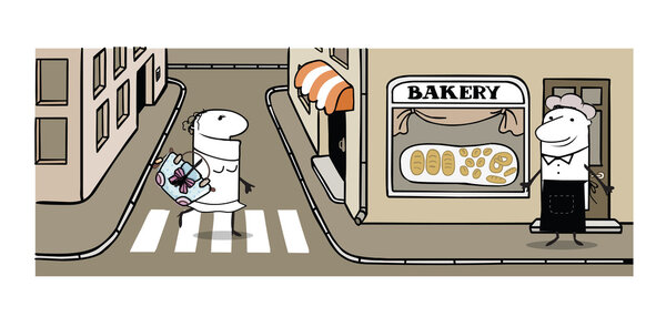 Vector illustration of street wiht bakery, baker and woman