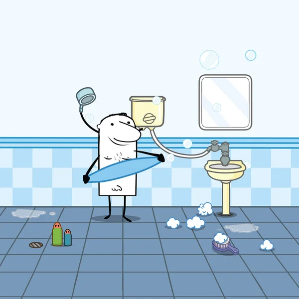 Duşlu bir banyo adam çizgi film — Stok Vektör