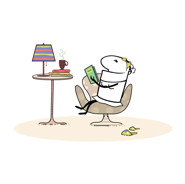 Γελοιογραφία γυναίκα διαβάζει το βιβλίο σε ένα καναπέ — Διανυσματικό Αρχείο