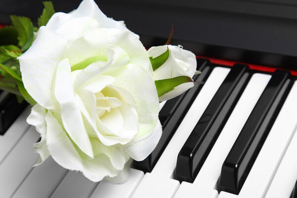 Artificial white rose on piano