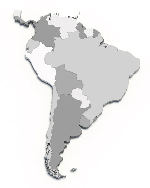 3D mapa jižní Ameriky na bílém pozadí — Stock fotografie