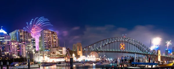 Sydney Harbour NYE Fireworks Panorama — Stock Photo, Image