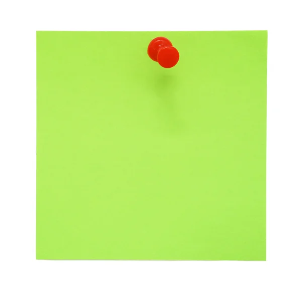 Groene kleverige nota met rode punaise — Stockfoto