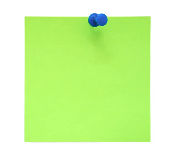 Groene kleverige nota met blauwe punaise — Stockfoto