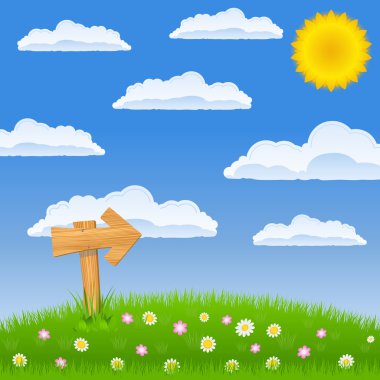 Green field with wooden arrow sign clipart