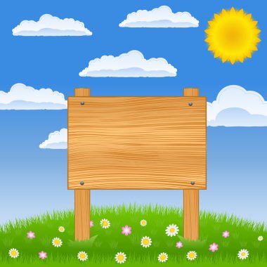 Wooden board on the green field clipart