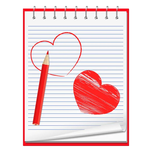 Jegyzetfüzet-val kézzel rajzolt szívek — Stock Vector