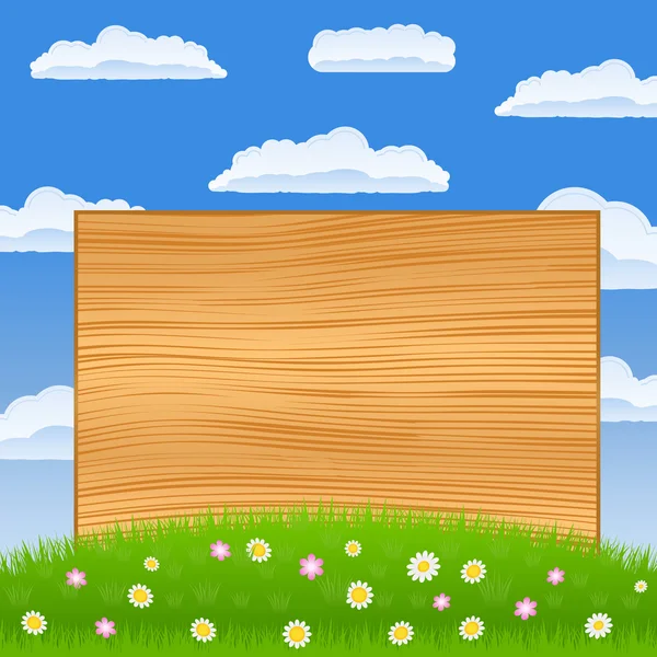 Wooden board on the green field — Stock Vector