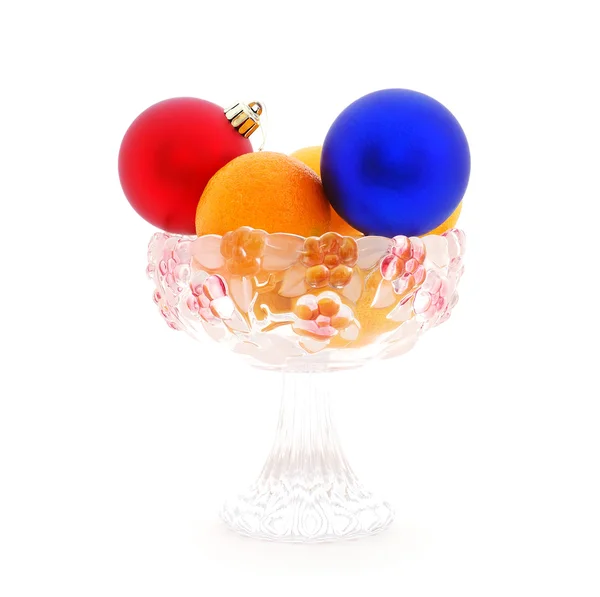 Christmas balls and mandarins in the glass vase — Stock Photo, Image