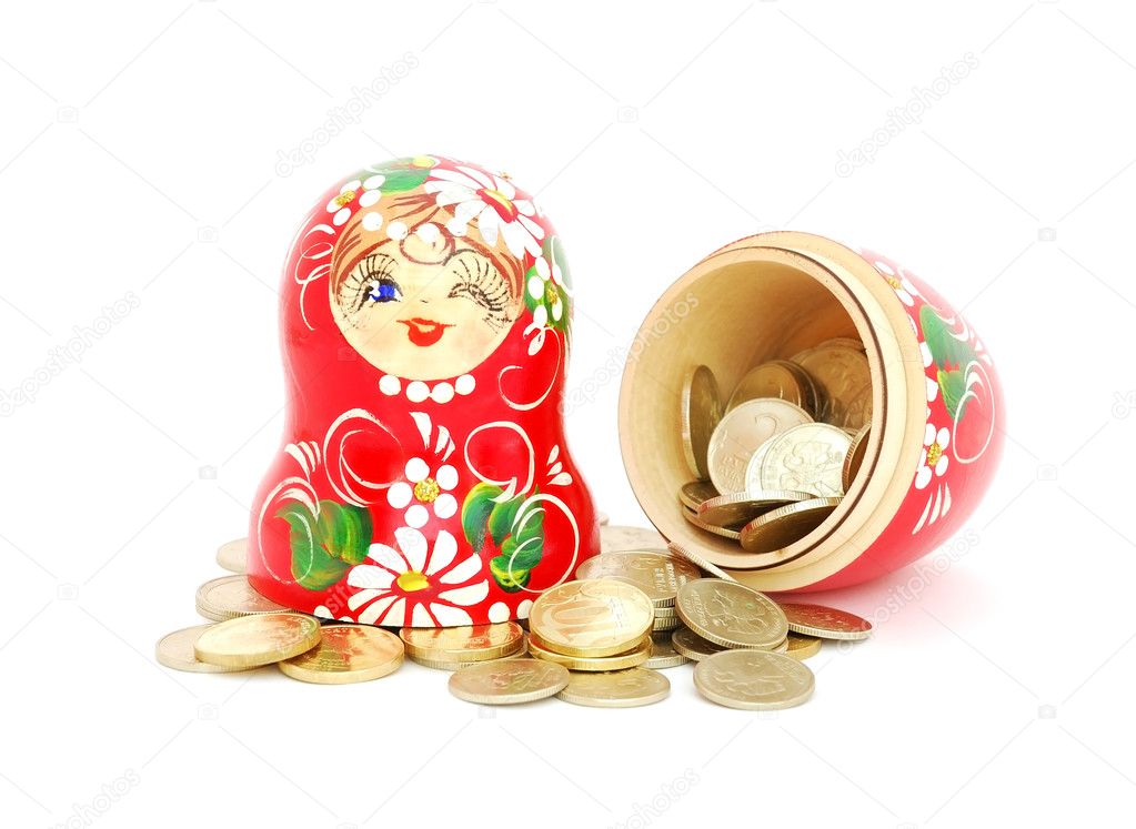 Russian doll with russian rubles coins