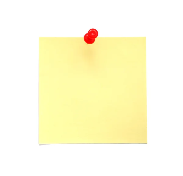 Lege gele kleverige nota met rode punaise — Stockfoto