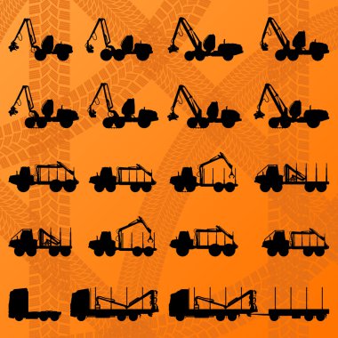 Forestry tractors, trucks and loggers hydraulic machinery vector clipart