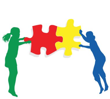 Kids making together colorful jigsaw puzzle teamwork vector clipart