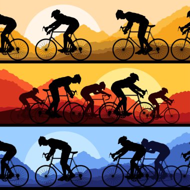 Sport road bike riders and bicycles detailed silhouettes clipart