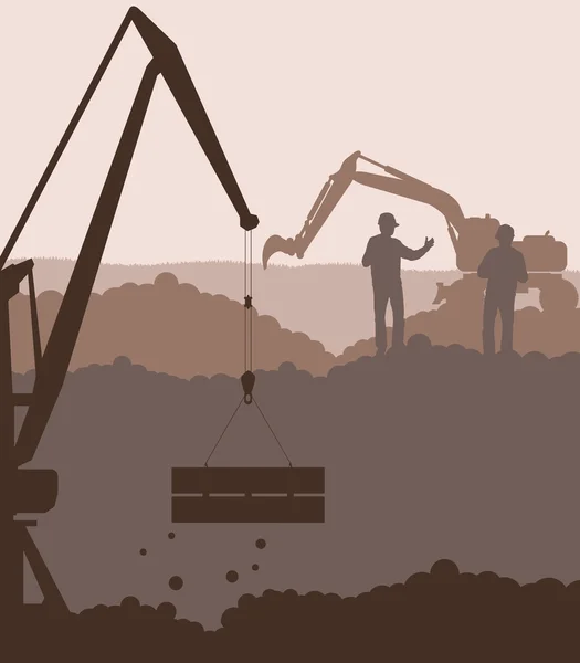 Cargador de excavadoras y grúa en el sitio de construcción vector — Vector de stock