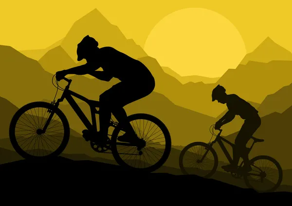 Αναβάτες ποδηλάτων ποδήλατο βουνού στο βουνό άγρια φύση τοπίο v — Διανυσματικό Αρχείο