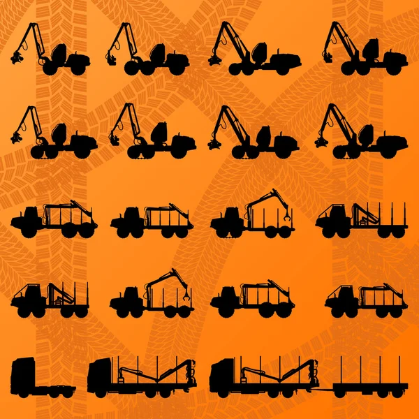 Tractores florestais, camiões e madeireiros vector de máquinas hidráulicas — Vetor de Stock