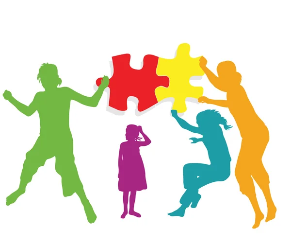 Crianças fazendo juntos colorido puzzle vetor de trabalho em equipe — Vetor de Stock