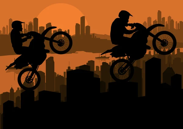 Motorbike trial riders deportivos en rascacielos ciudad vector — Vector de stock