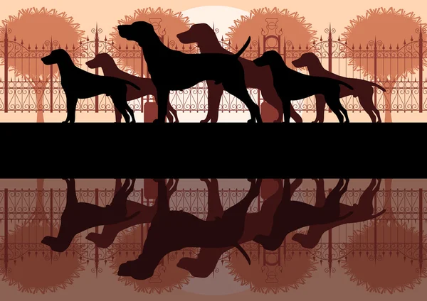 Verschillende silhouetten van de rassen van de hond in hond park landschap achtergrond — Stockvector