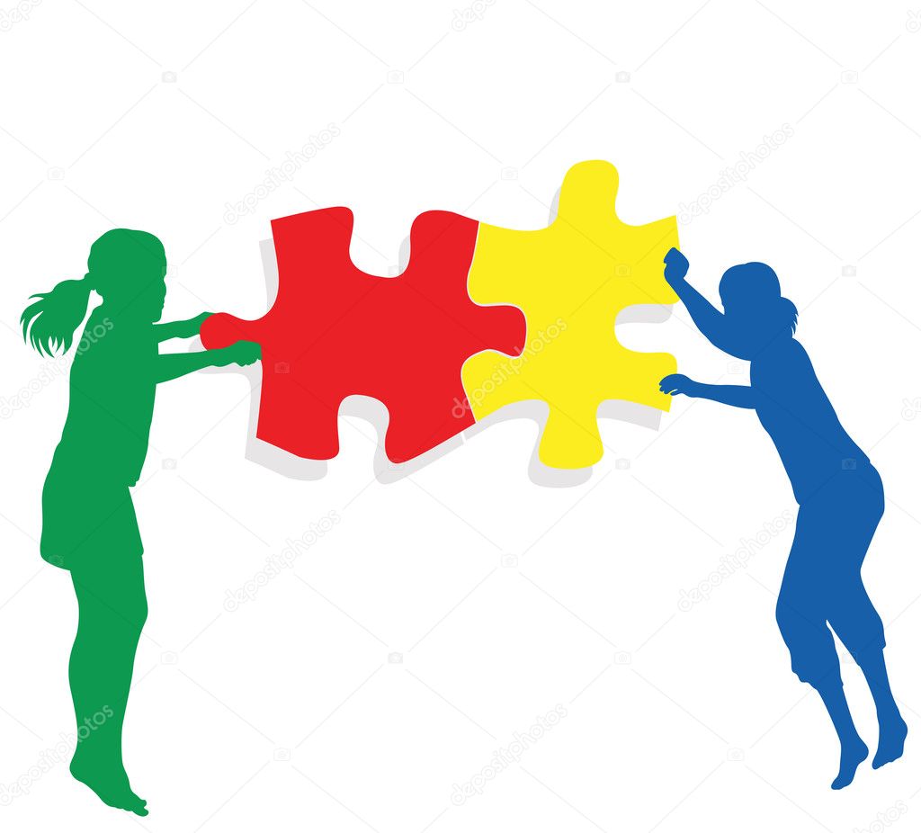 Kids making together colorful jigsaw puzzle teamwork vector