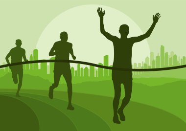 Marathon runners in urban city landscape background illustration clipart