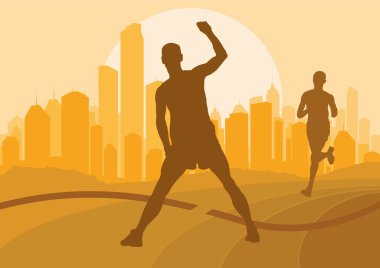 Marathon runners in urban city landscape background illustration clipart