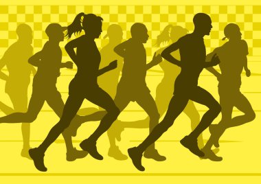 Marathon runners in urban city landscape background illustration clipart