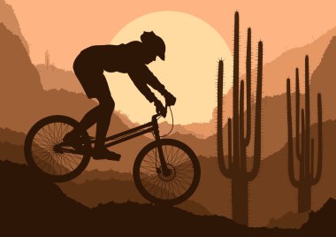 Mountain bike trial rider in wild nature landscape background illustration clipart