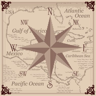 Vintage compass and Caribbean central america map background illustration clipart