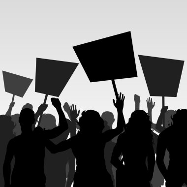 Protesters crowd in skyscraper city landscape background illustration clipart