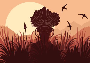 African warrior in wild nature landscape background illustration clipart