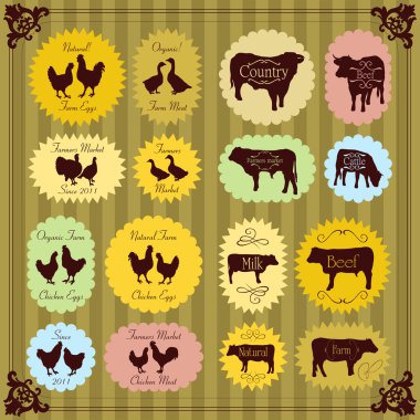 Farm chickens egg and meat labels illustration collection clipart