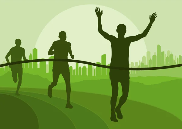 Marathonläufer in der städtischen Stadtlandschaft Hintergrund-Illustration — Stockvektor